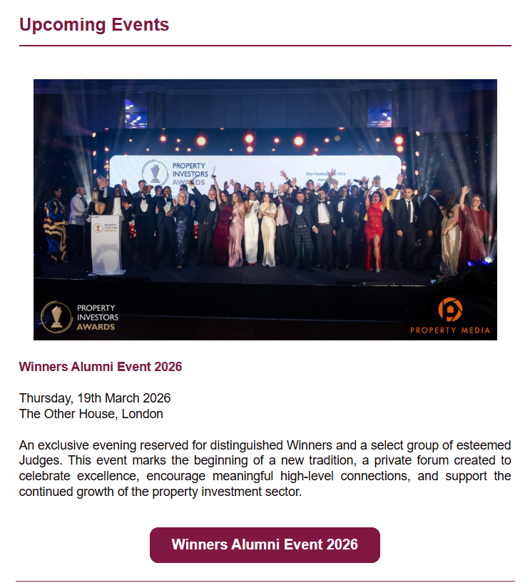 Winners Alumni Event 2026: An exclusive private forum for property investment winners and judges held on Thursday, 19th March 2026, at The Other House, London.