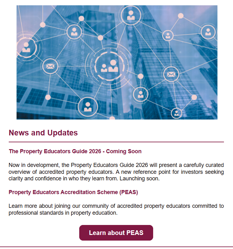 News and Updates: The Property Educators Guide 2026 launch and information on joining the Property Educators Accreditation Scheme (PEAS) for professional property educators.