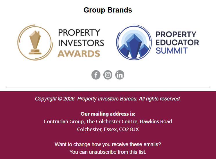 Property Investors Bureau (PIB) Newsletter Footer: Includes links to social media, member login, and official company registration information for PIB UK.