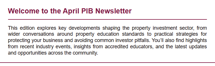 April PIB Newsletter covering property education standards, investor protection strategies, industry event highlights, and community updates.