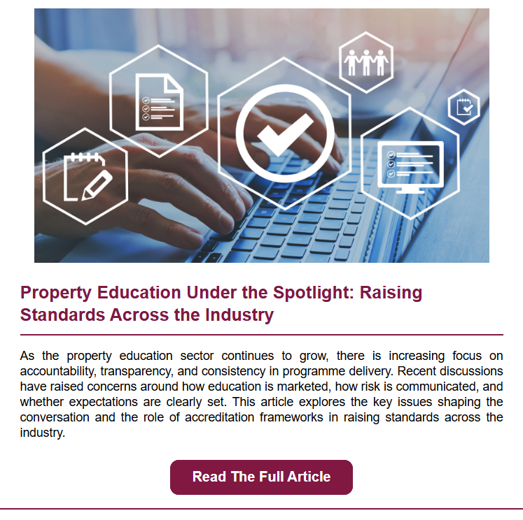 Article on property education standards focusing on accountability, transparency, risk communication, and accreditation frameworks.