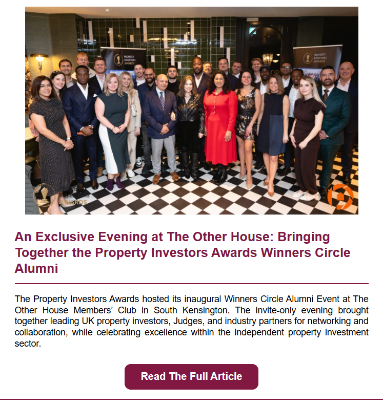 Section featuring an exclusive Winners Circle Alumni event at The Other House, bringing together property investors, judges, and industry partners.