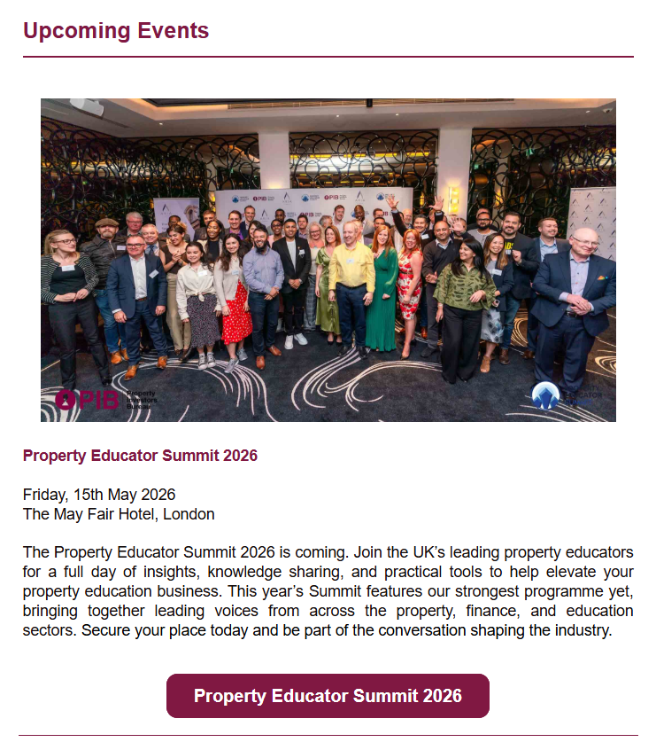 Event announcement for Property Educator Summit 2026 at The May Fair Hotel, London, highlighting a full-day programme of insights, knowledge sharing, and industry collaboration.