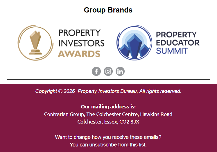 Property Investors Bureau (PIB) Newsletter Footer: Includes links to social media, member login, and official company registration information for PIB UK.